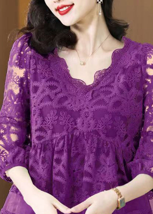 V Neck Casual Purple Tulle Embroidered Shirt Bracelet Sleeves