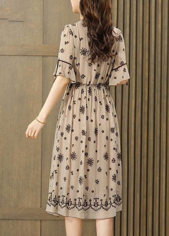 Beige Ruffle Embroidered Exra Oversized Hem Silk Tunic Dress Summer