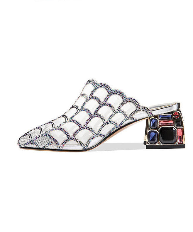 Fine Splicing Chunky Slide Sandals Silver Tulle Zircon Pointed Toe