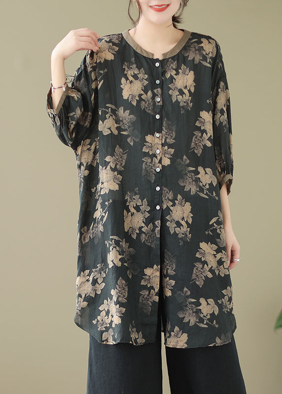 Fitted Black Printed Oversized Linen Balloon Sleeve Shirt Dress