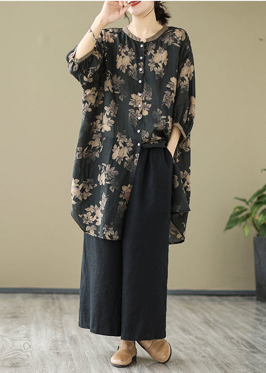 Fitted Black Printed Oversized Linen Balloon Sleeve Shirt Dress