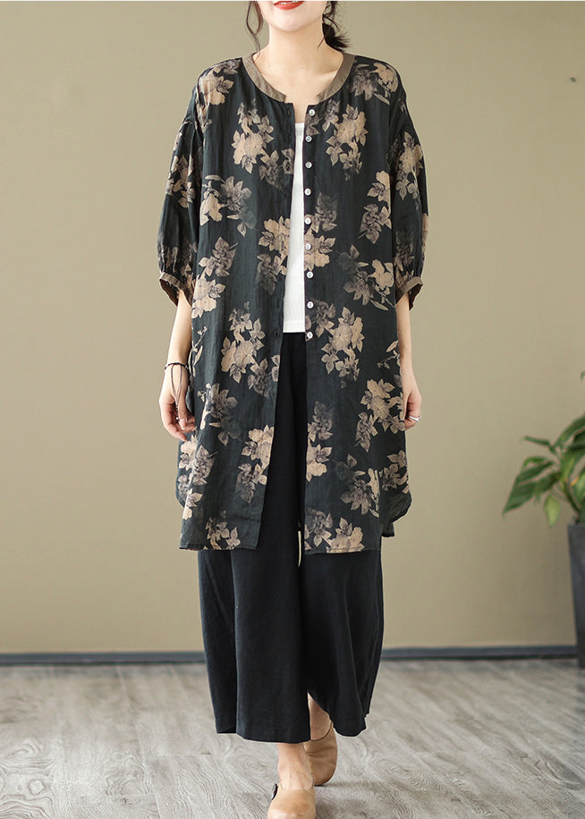 Fitted Black Printed Oversized Linen Balloon Sleeve Shirt Dress