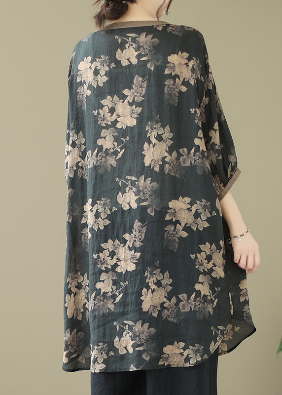 Fitted Black Printed Oversized Linen Balloon Sleeve Shirt Dress