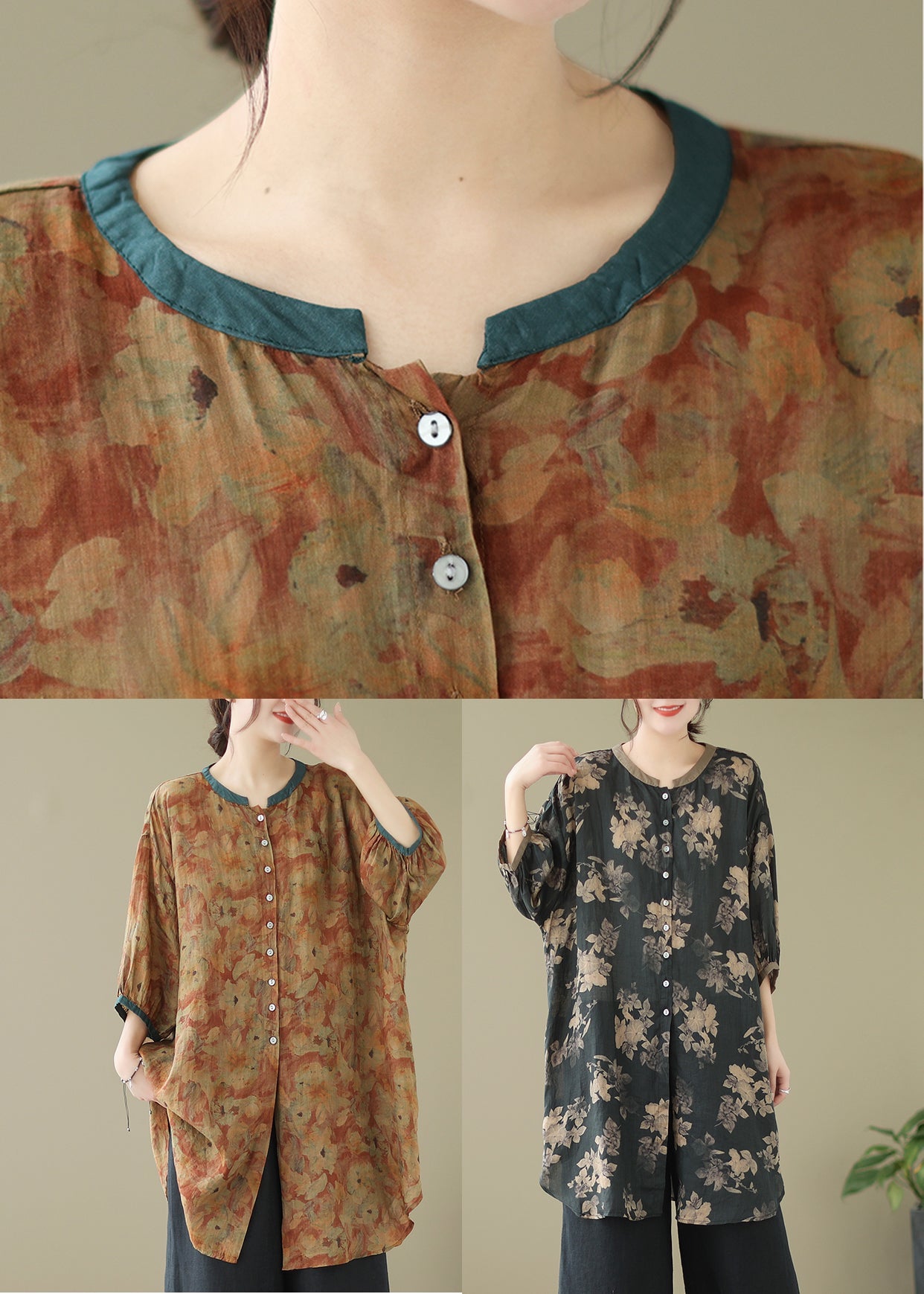 Fitted Black Printed Oversized Linen Balloon Sleeve Shirt Dress