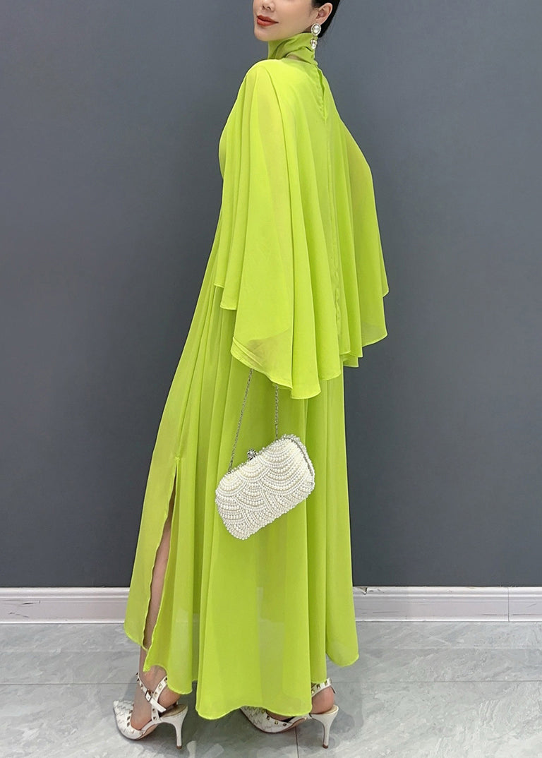 Fitted Green Shawl Collar Patchwork Vacation Maxi Dresses Flare Sleeve