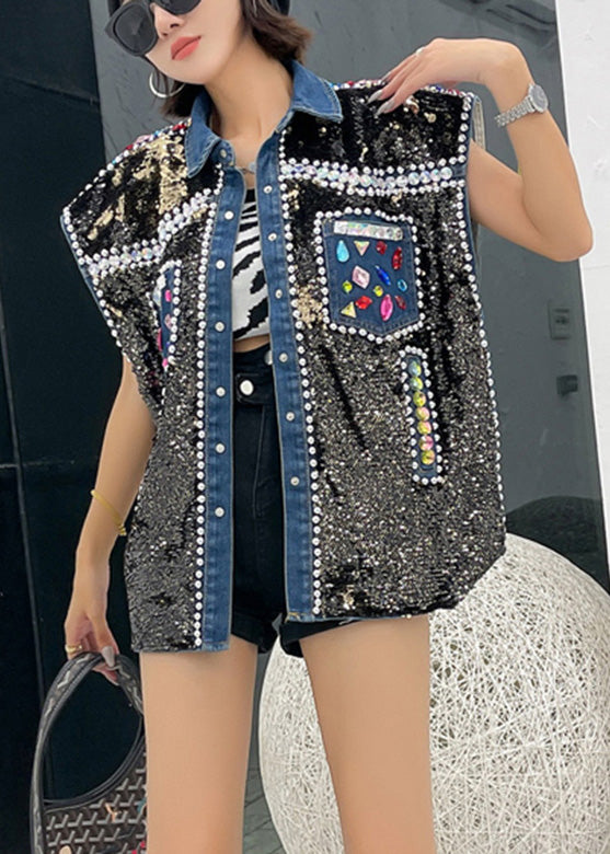 Fitted Patchwork Sequin Zircon Peter Pan Collar Button Denim Coat Sleeveless