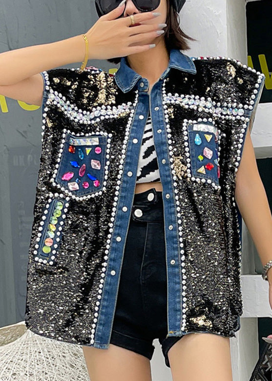 Fitted Patchwork Sequin Zircon Peter Pan Collar Button Denim Coat Sleeveless