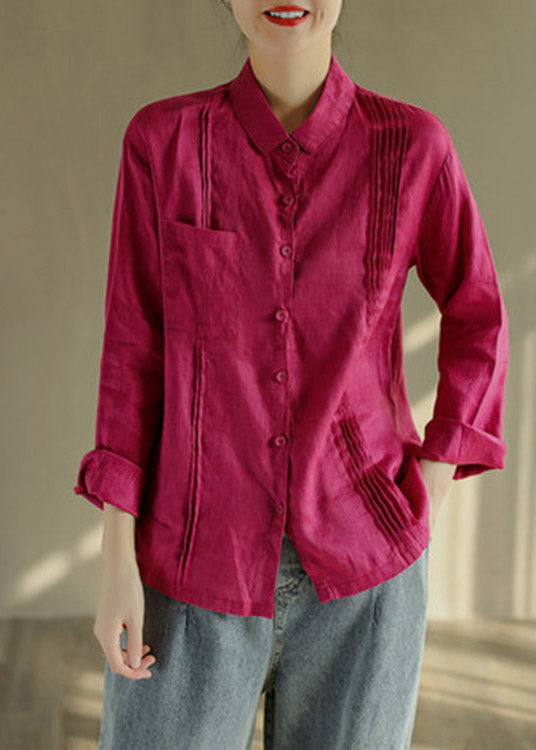 Fitted Rose Peter Pan Collar Wrinkled Button Linen Shirt Long Sleeve