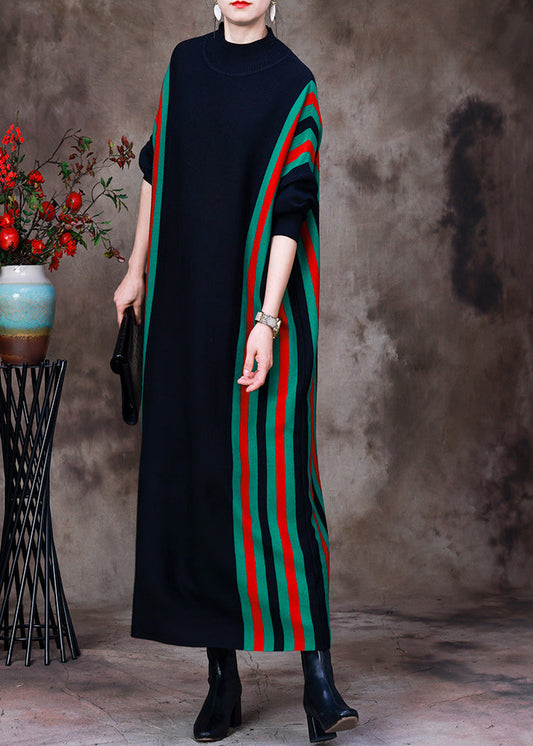 Fitted Black Turtleneck Striped Patchwork Knit Long Sweater Dress Long Sleeve