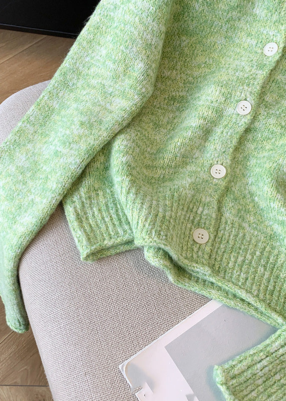 Fitted Green O-Neck Button Cozy Cotton Knit Cardigan Winter