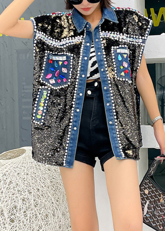 Fitted Patchwork Sequin Zircon Peter Pan Collar Button Denim Coat Sleeveless