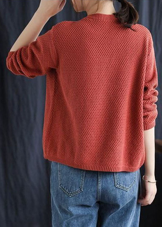 Fitted Red V Neck Button Patchwork Fall Knitted Sweaters