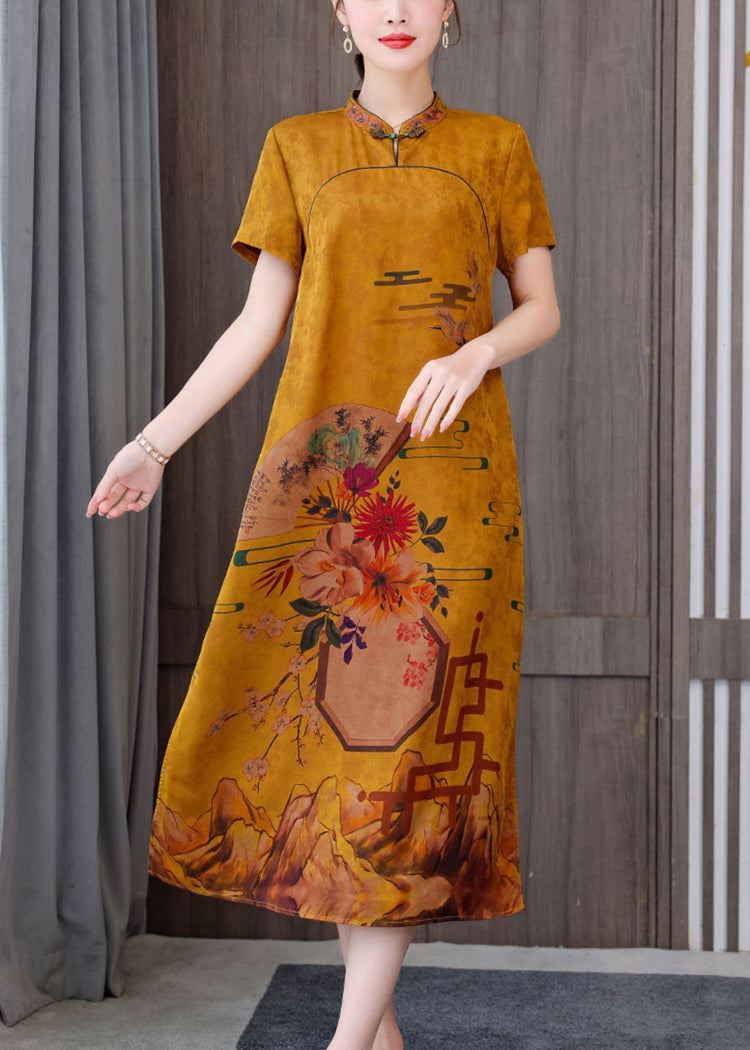 Fitted Yellow Mandarin Collar Print Pockets Silk Long Dresses Short Sleeve