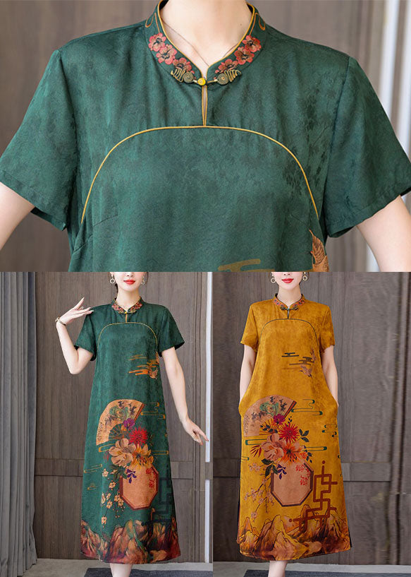 Fitted Yellow Mandarin Collar Print Pockets Silk Long Dresses Short Sleeve