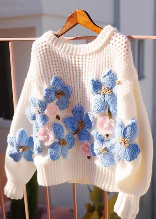 Floral Blue O Neck Hollow Out Cozy Knit Sweaters Fall