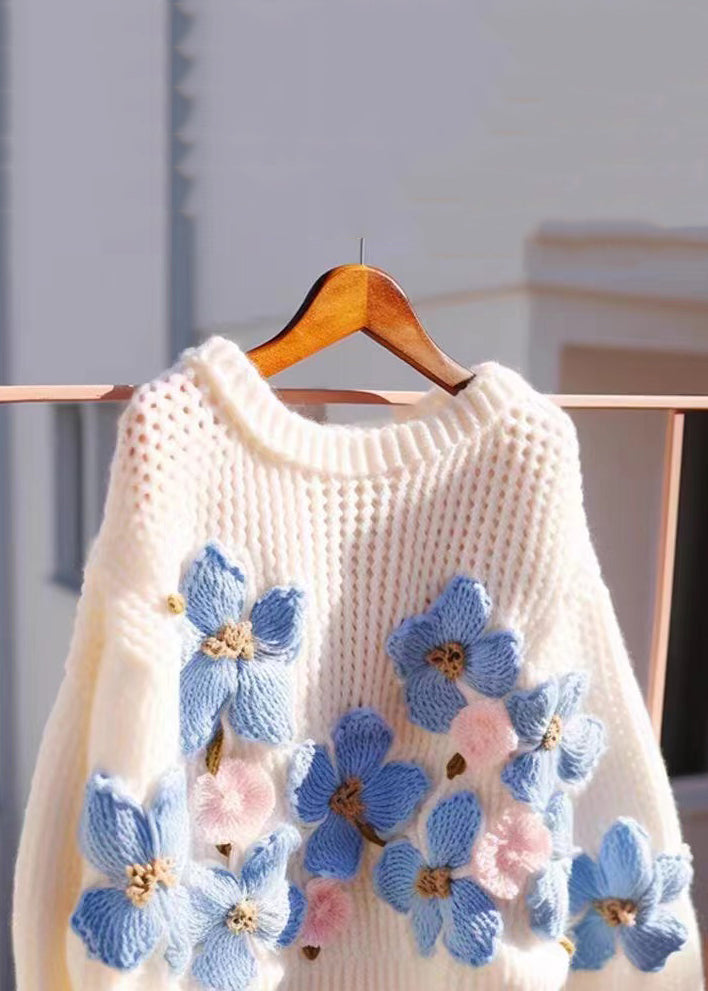 Floral Blue O Neck Hollow Out Cozy Knit Sweaters Fall