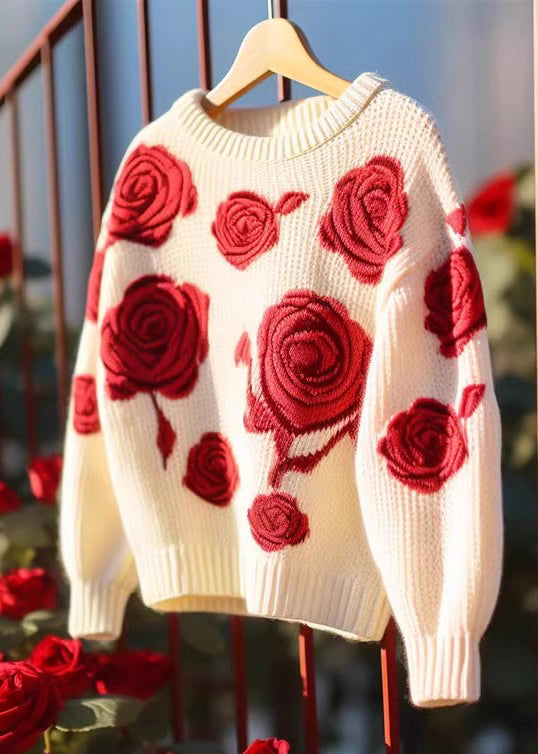 Floral Red Hollow Out Cozy Knit Sweaters Fall