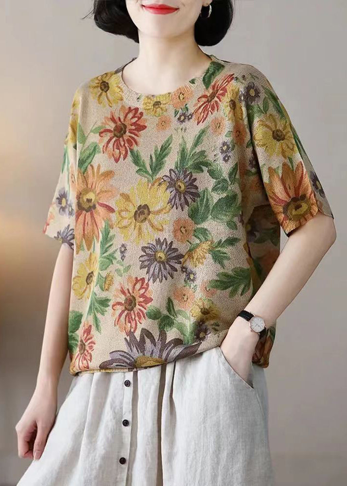 Floret Print Patchwork Cotton Knit T Shirts O-Neck Summer