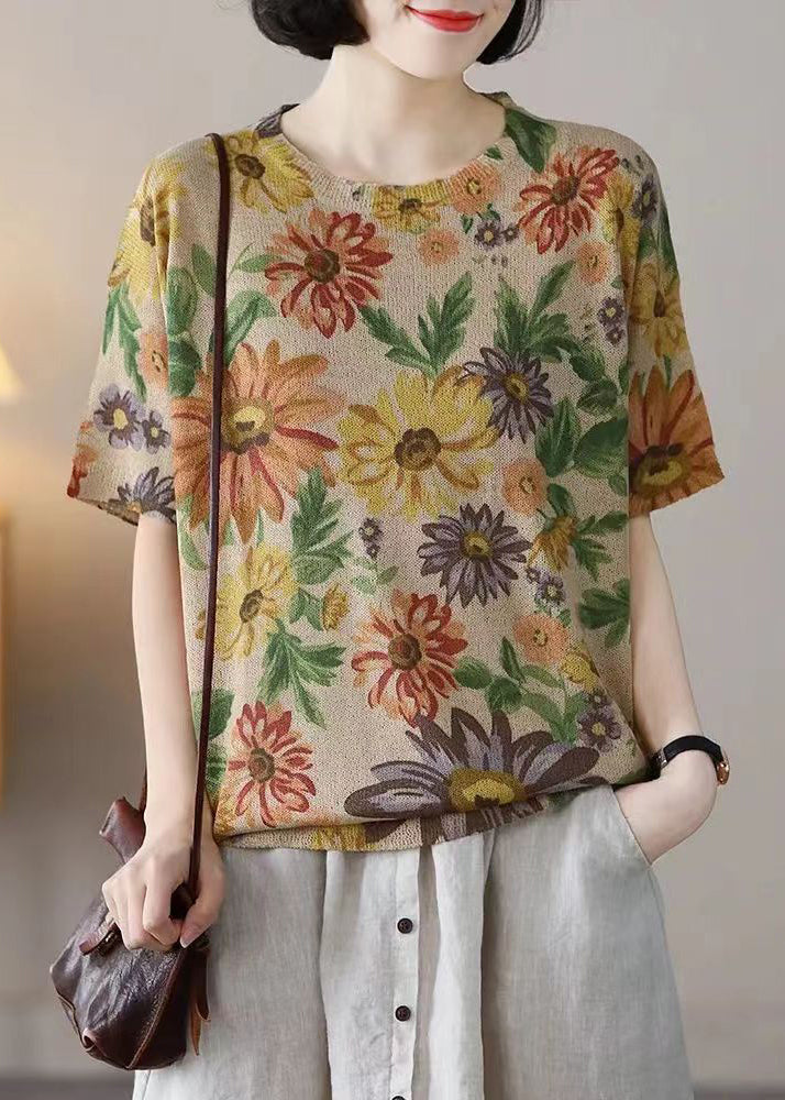 Floret Print Patchwork Cotton Knit T Shirts O-Neck Summer