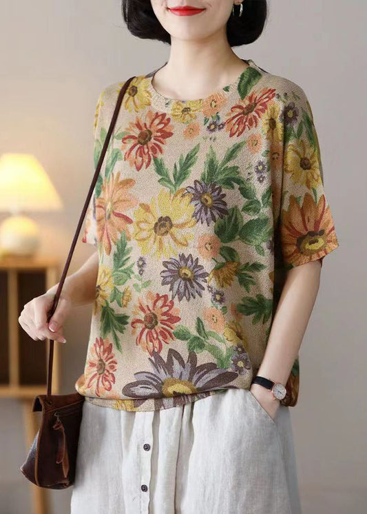 Floret Print Patchwork Cotton Knit T Shirts O-Neck Summer