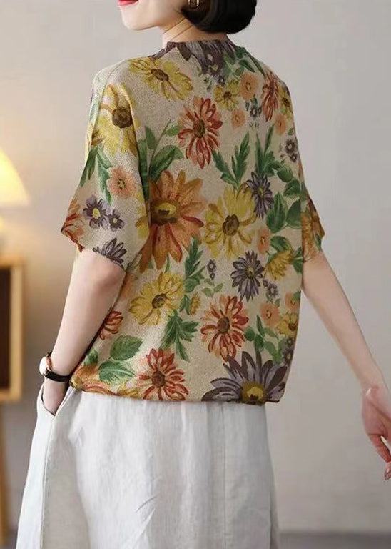 Floret Print Patchwork Cotton Knit T Shirts O-Neck Summer