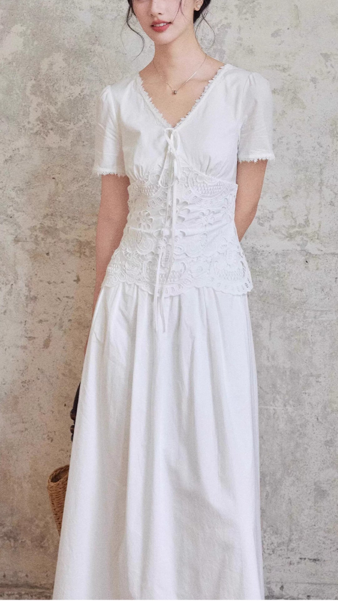 Elegant White V-Neck Short Sleeve Lace Midi Cotton Dress