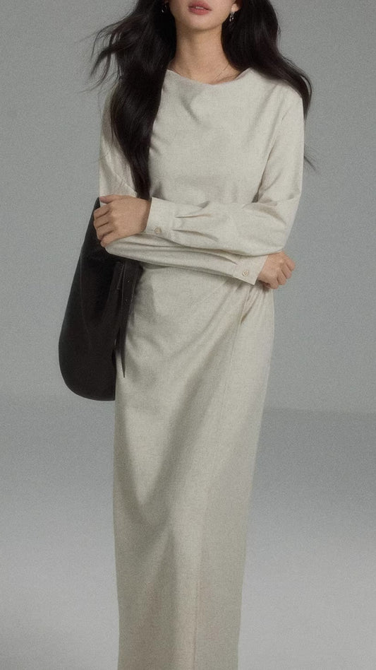 Light Beige Boat Neck Long Sleeve Belted Wrap Maxi Dress