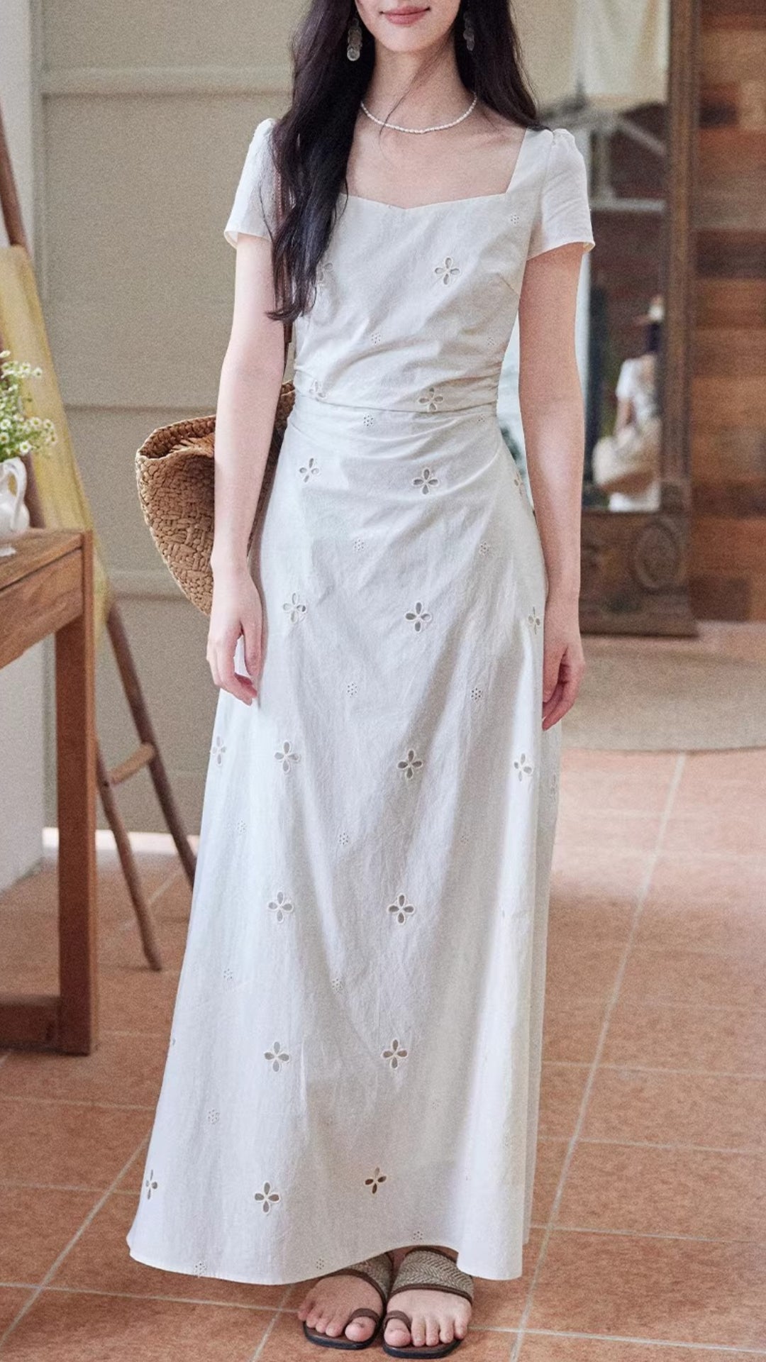 Vintage Beigh Eyelet Embroidery Short Sleeve Midi Shirt Dress