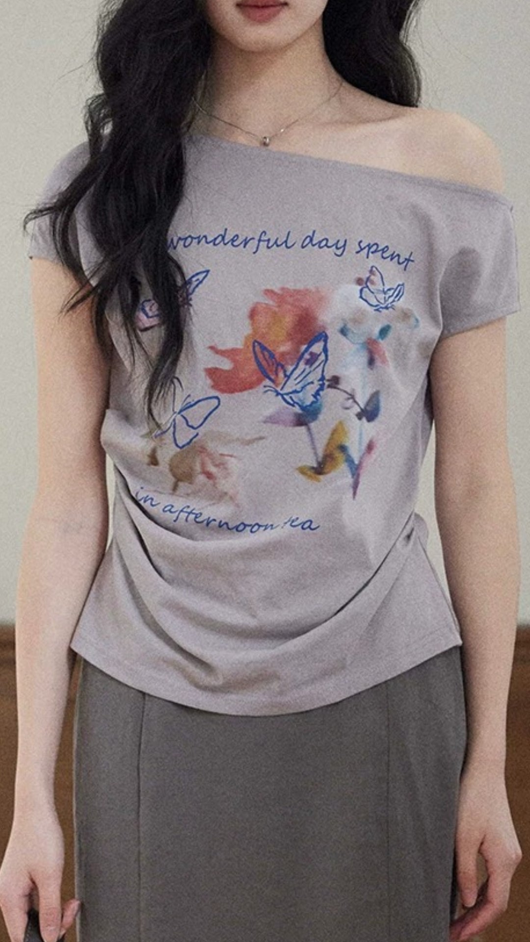Purple Off shoulder Printed T Shirt