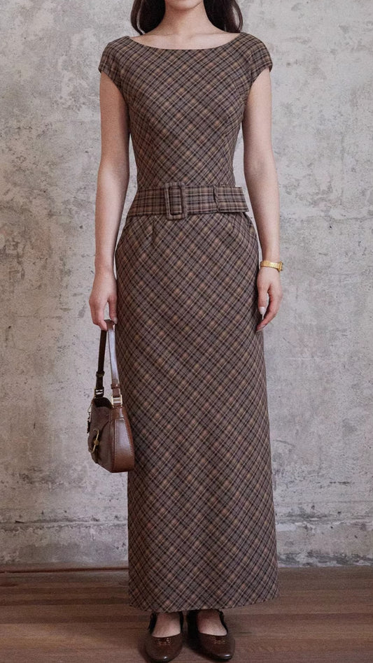 Plus Size Brown Plaid Boat Neck Cap Sleeve Belted Ruched Waist Slit Maxi Dress