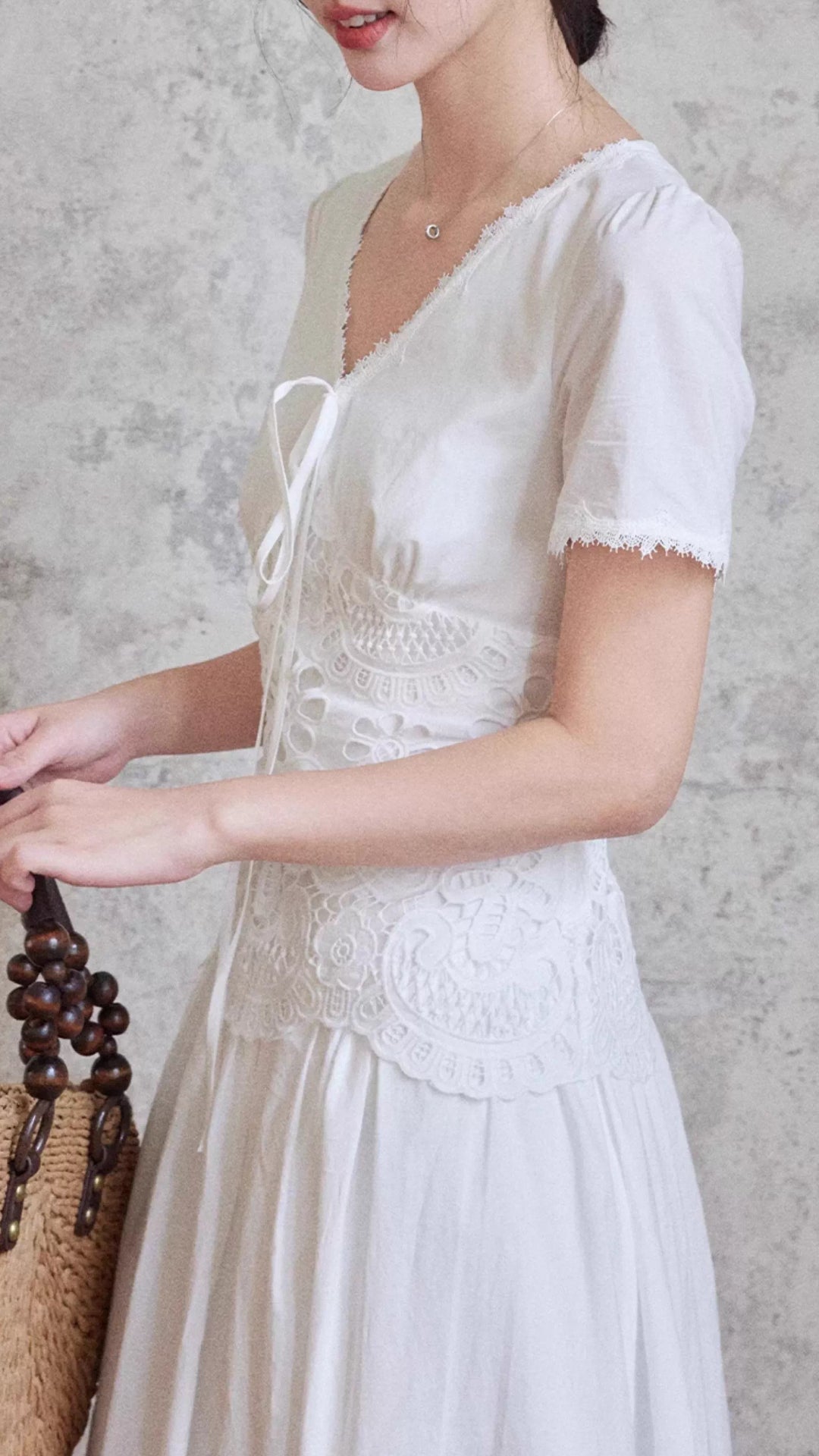 Elegant White V-Neck Short Sleeve Lace Midi Cotton Dress