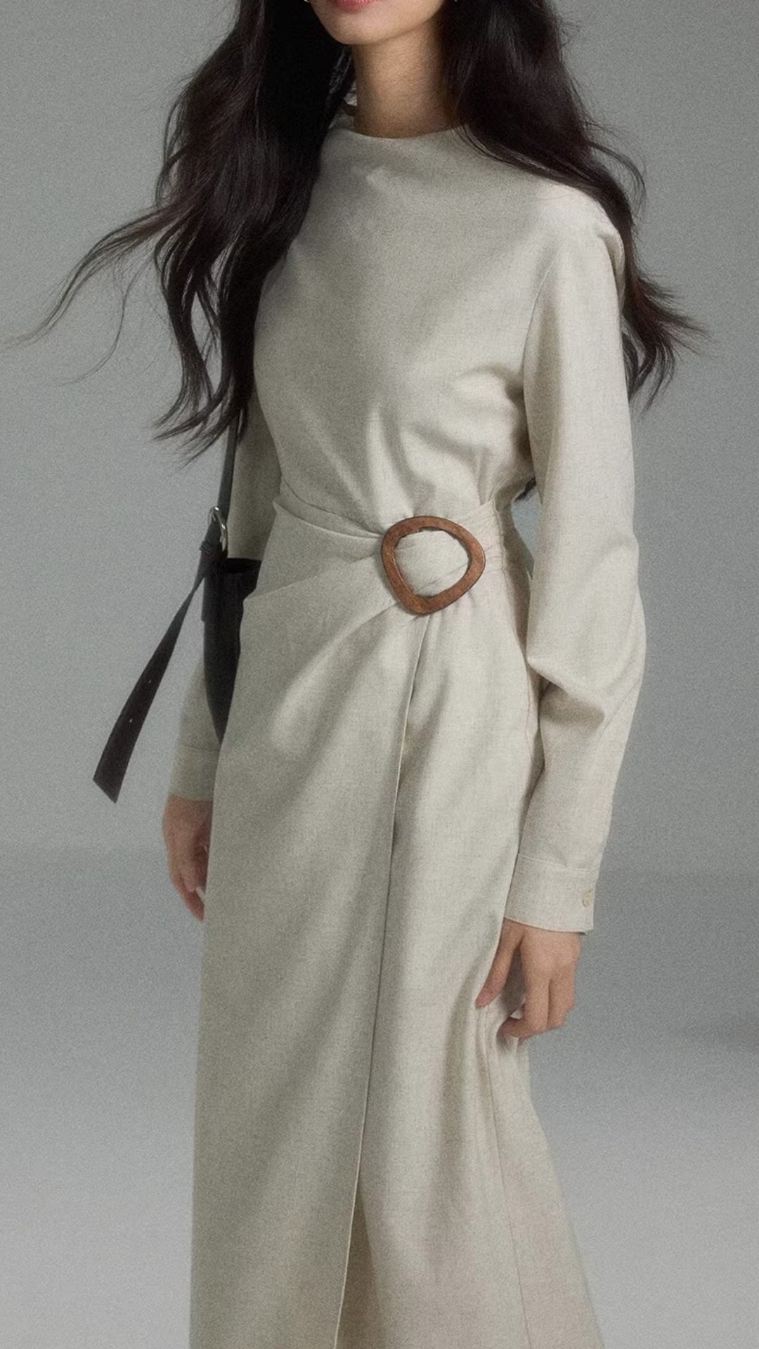 Light Beige Boat Neck Long Sleeve Belted Wrap Maxi Dress