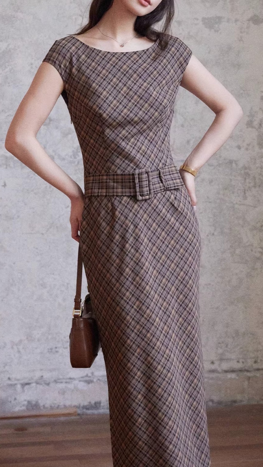 Plus Size Brown Plaid Boat Neck Cap Sleeve Belted Ruched Waist Slit Maxi Dress