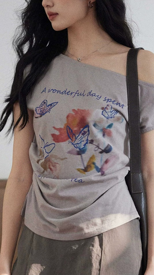 Purple Off shoulder Printed T Shirt