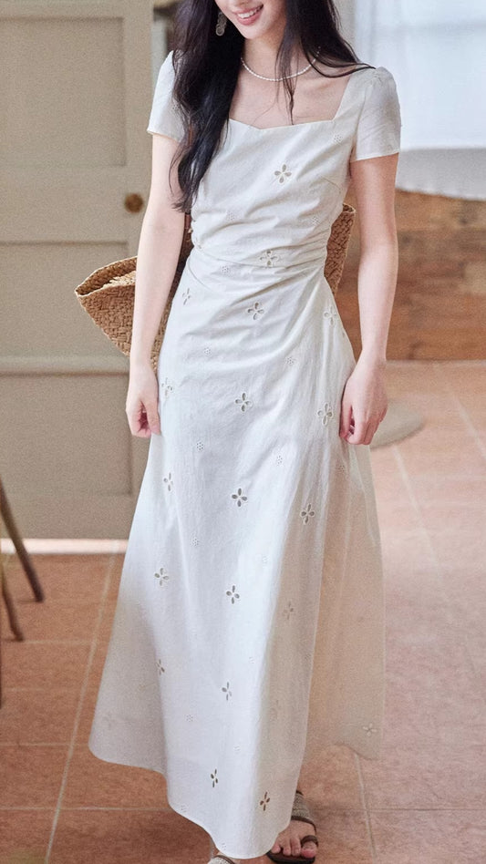 Vintage Beigh Eyelet Embroidery Short Sleeve Midi Shirt Dress