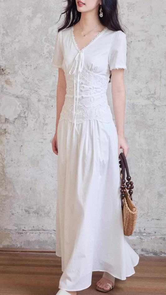 Elegant White V-Neck Short Sleeve Lace Midi Cotton Dress