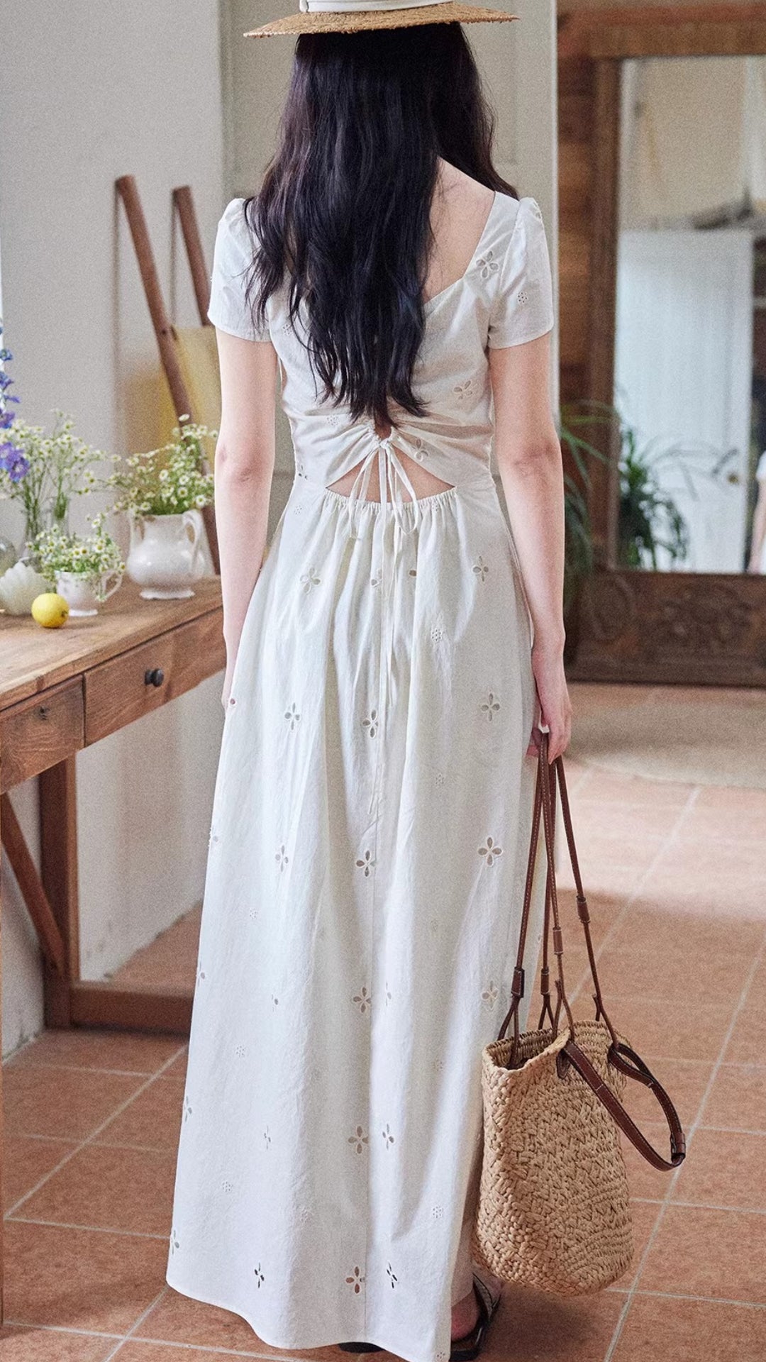 Vintage Beigh Eyelet Embroidery Short Sleeve Midi Shirt Dress