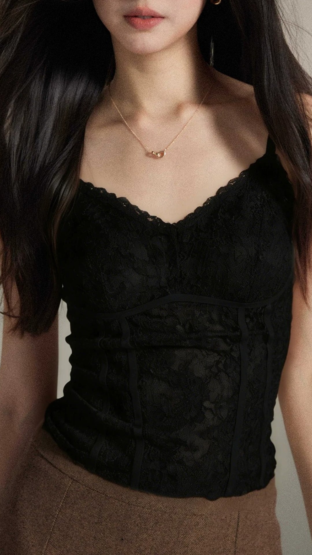 Plus Size Apricot Lace V-neck Spaghetti Strap Camisole with Built-in Padded Bra