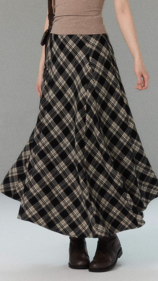 Elegant Plaid High Waist Flared Midi Cotton Skirt