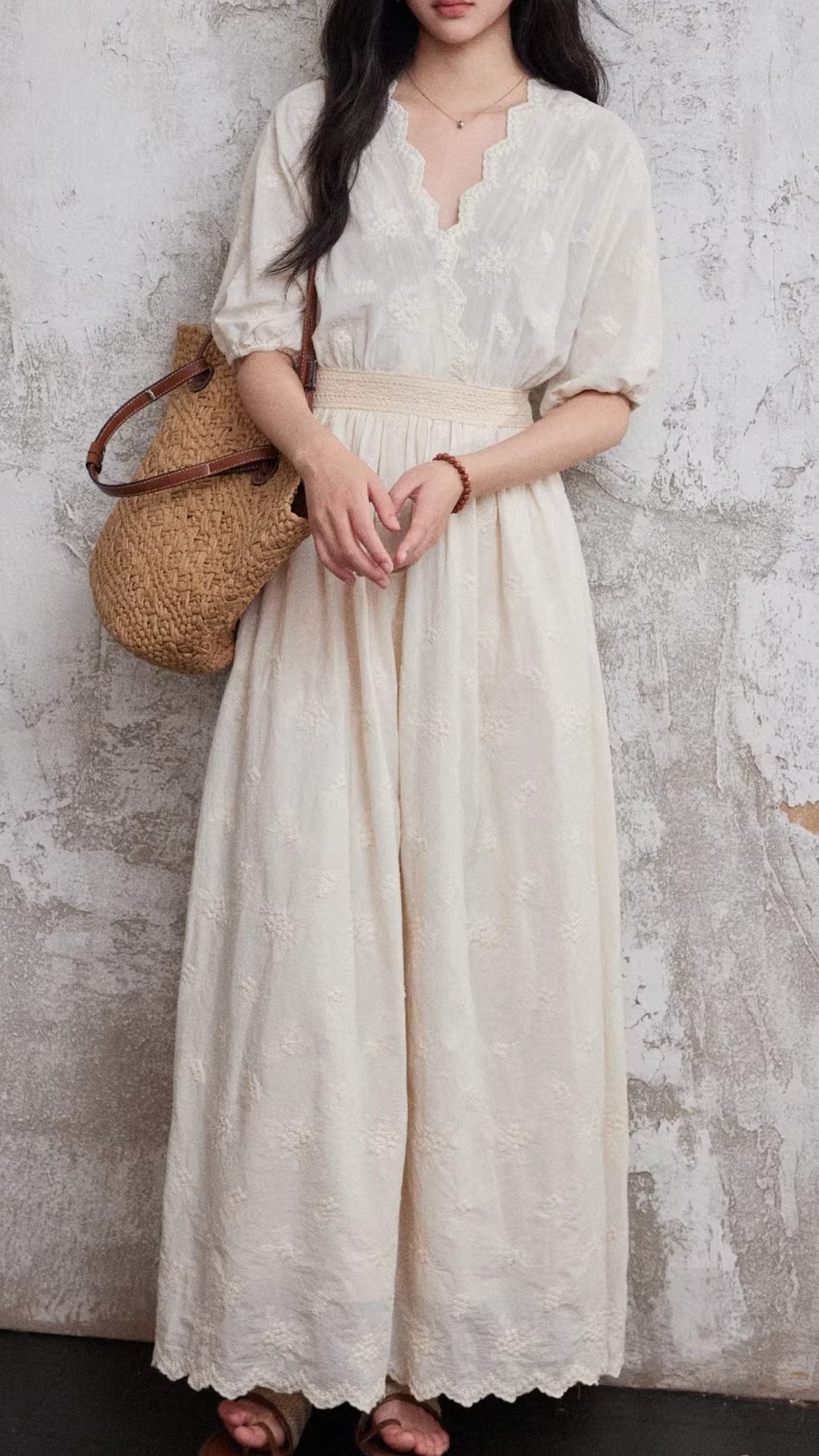 Boho Beige Embroidered Puff Sleeve Maxi Cotton Dress