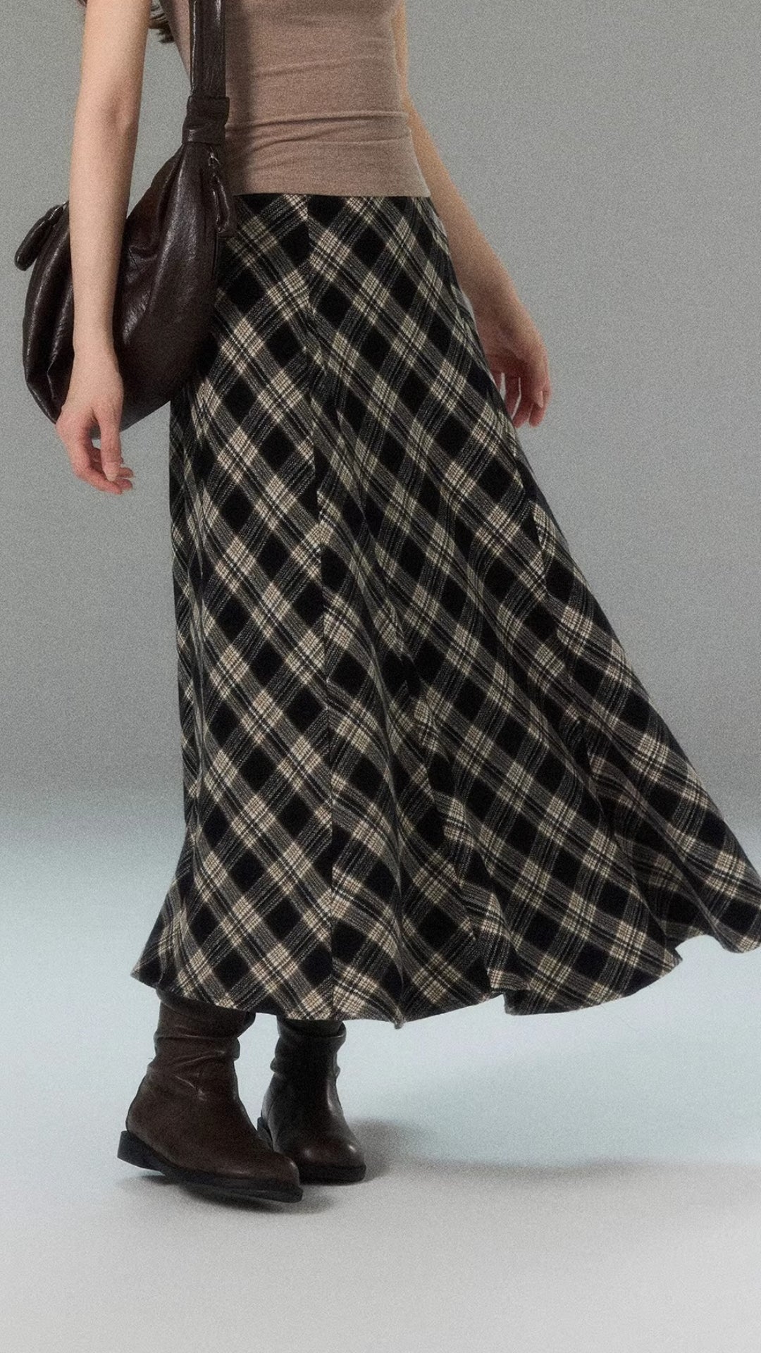 Elegant Plaid High Waist Flared Midi Cotton Skirt