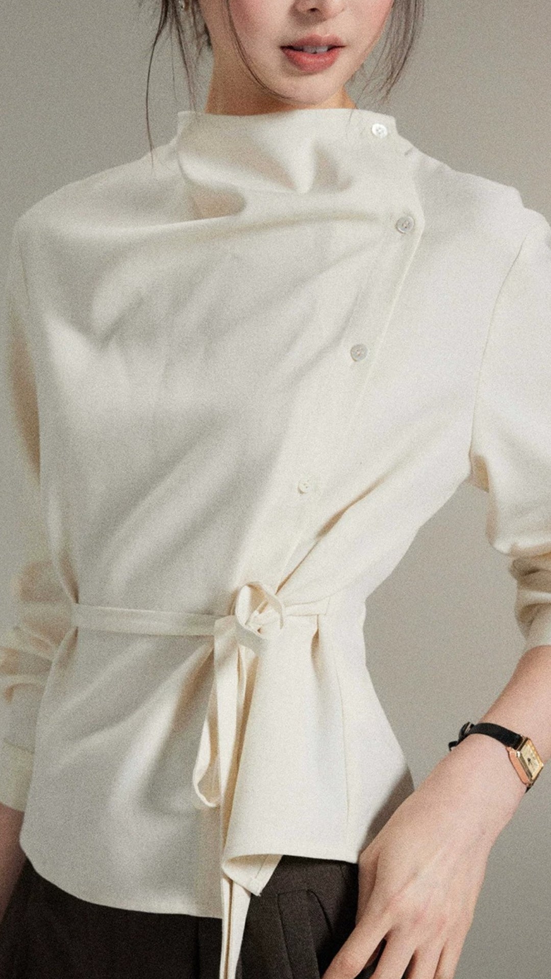 Plus Size Cream Draped Neck Asymmetric Button Belted Long Sleeve Blouse