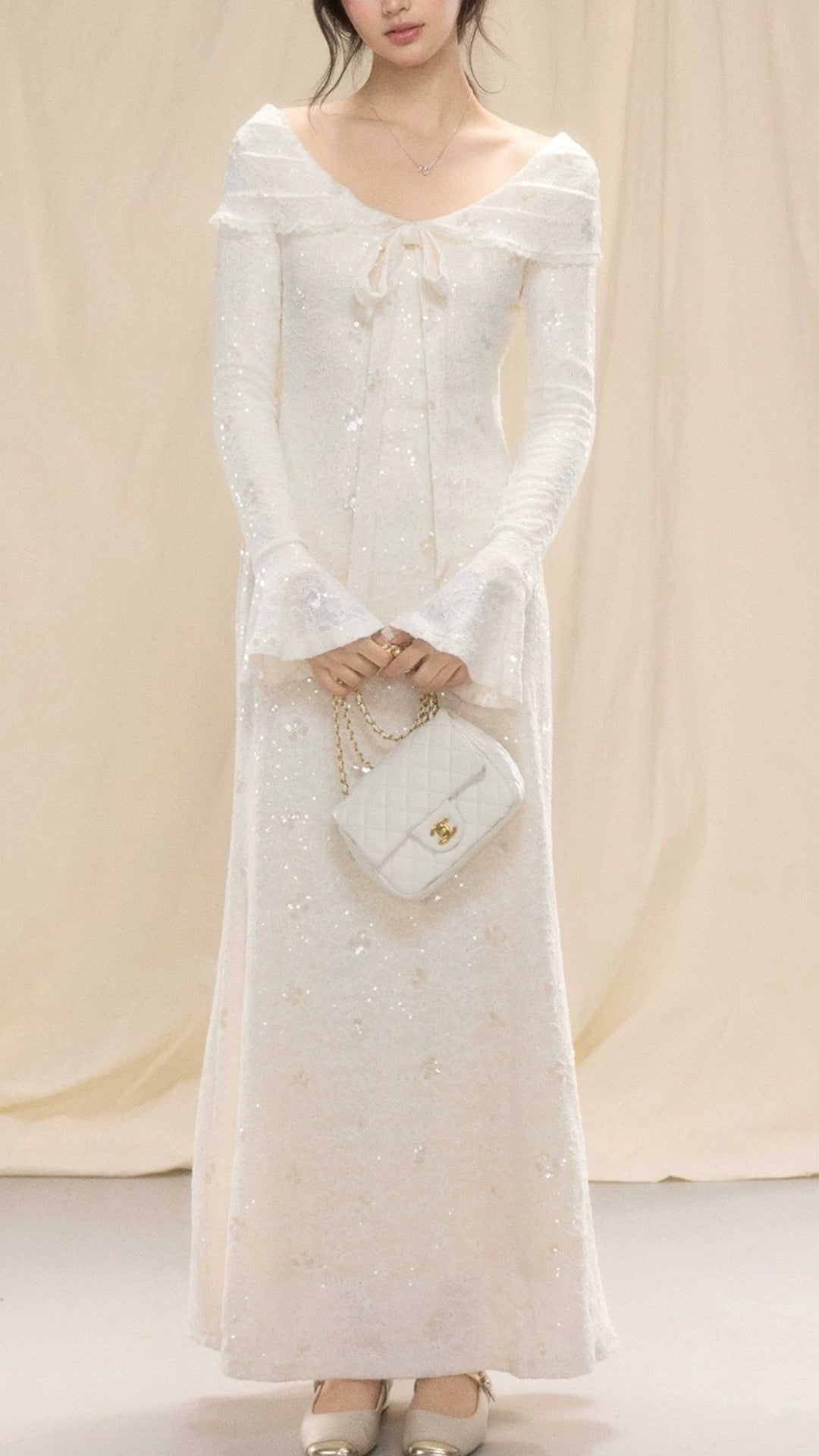 Apricot Long Sleeve Sequin Mermaid Maxi Dress