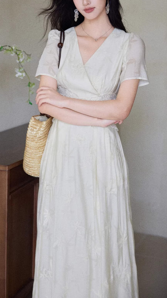 Cream V-Neck Lace Waist Tencel Maxi Dress