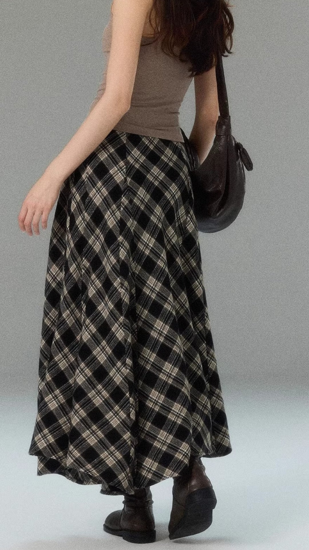 Elegant Plaid High Waist Flared Midi Cotton Skirt