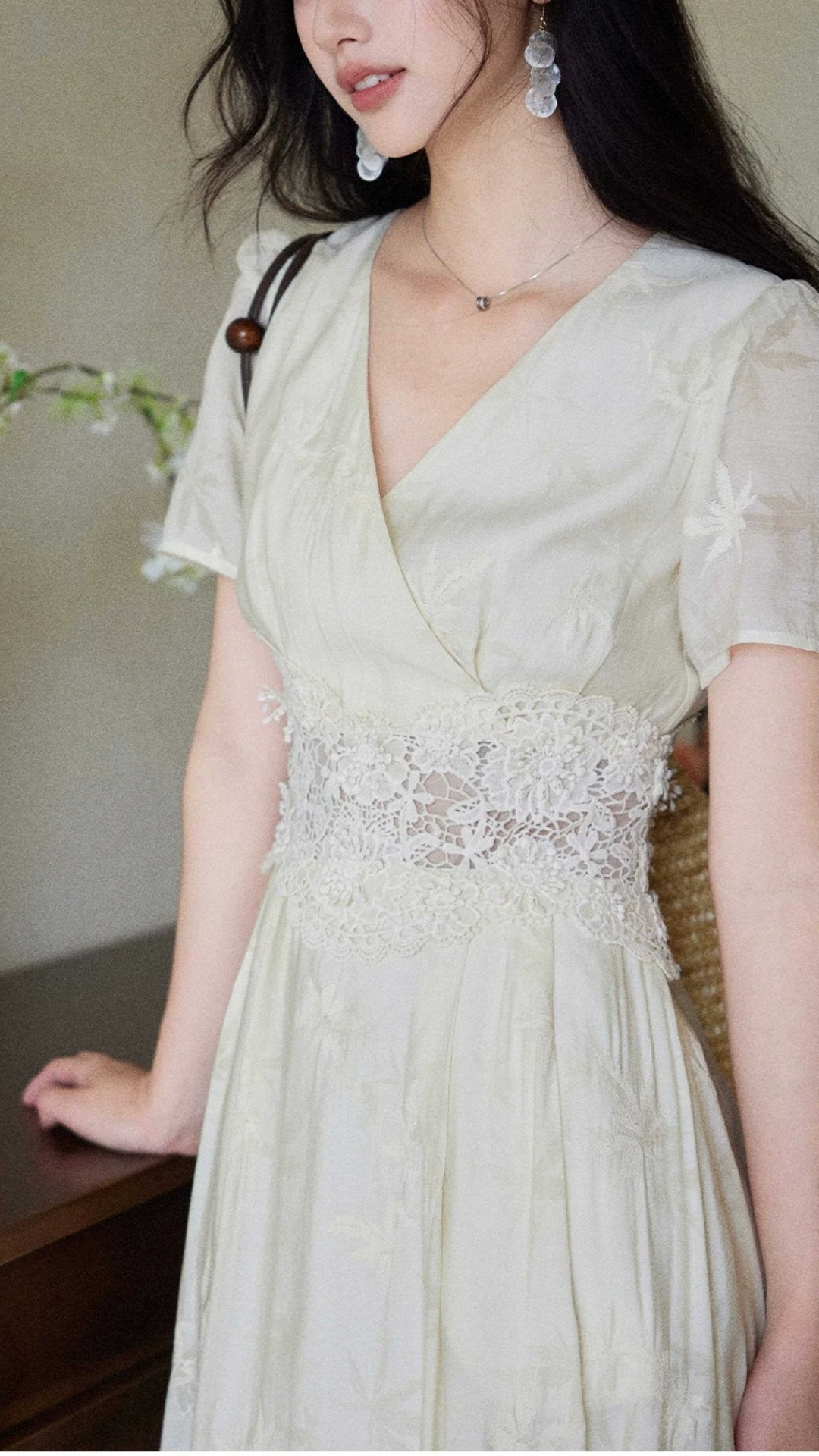 Cream V-Neck Lace Waist Tencel Maxi Dress