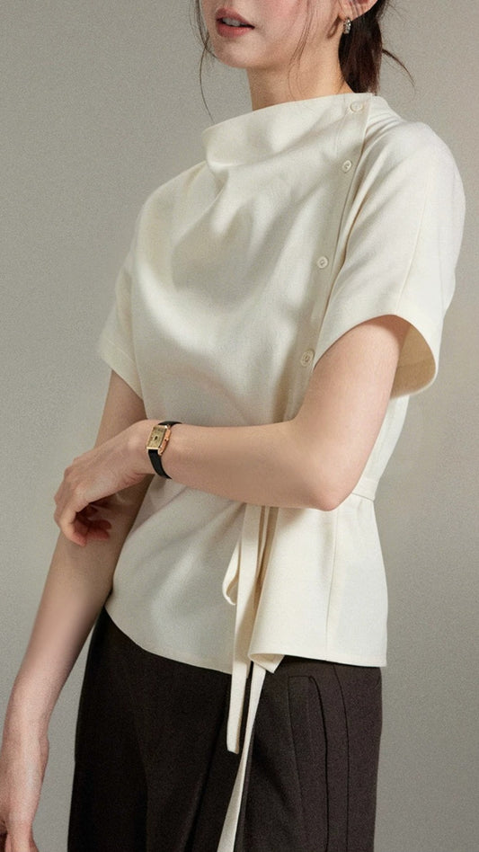 Plus Size Cream Draped Neck Asymmetric Button Belted Long Sleeve Blouse
