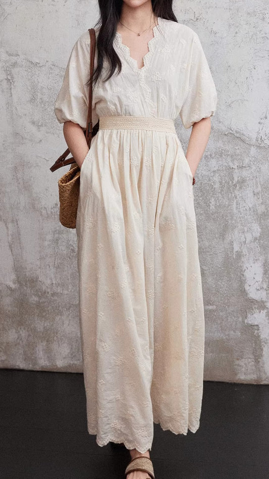 Boho Beige Embroidered Puff Sleeve Maxi Cotton Dress