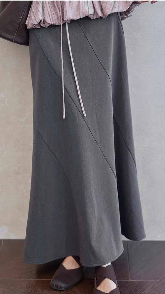 Elegant Gray High Waist Flared Midi Skirt