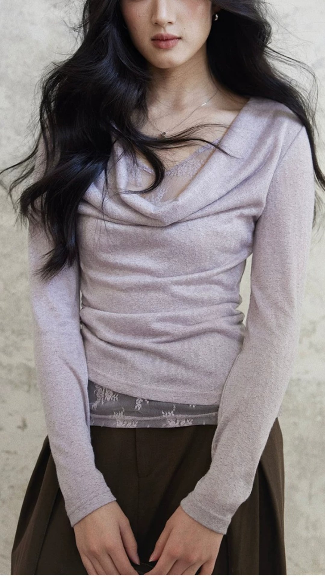 Light Purple Draped Neck Ruched Long Sleeve Lace Top